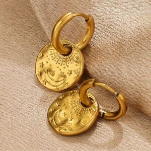 NEW 18K Gold Plated Sumerian Coin Huggie Hoop Drop Earrings